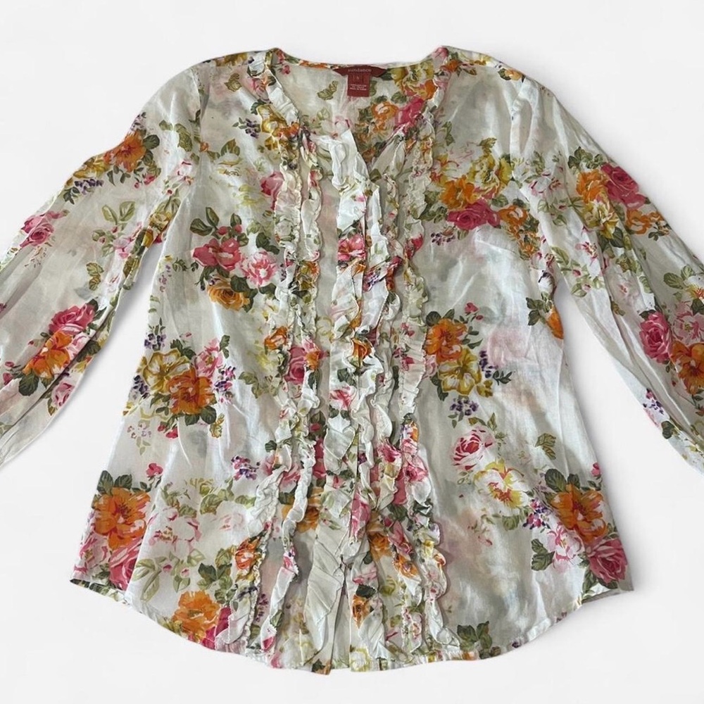 Sundance White Floral Spring Ruffle Lightweight Sheer 3/4 Sleeve Top Casual Sz S